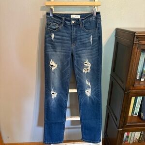 KanCan Leopard Patch Distressed Denim Straight Leg Jeans Size 9/28 High Rise
